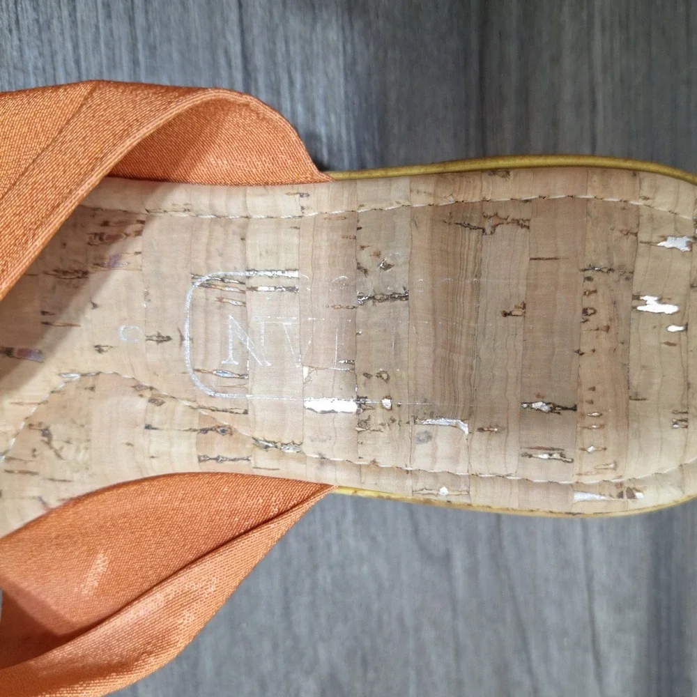 Orange Fabric Rhinestone Thong Wedge Sandals Cork Footbed Made in Italy Size 9